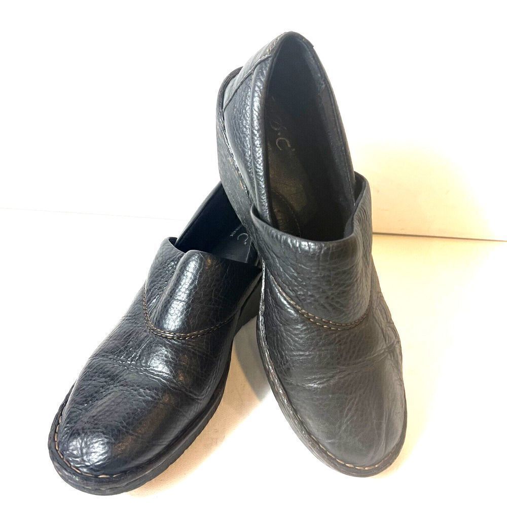 BOC Born Concept Womens Size 10 M Black Tooled Leather Slip On Wedge Clogs Shoes